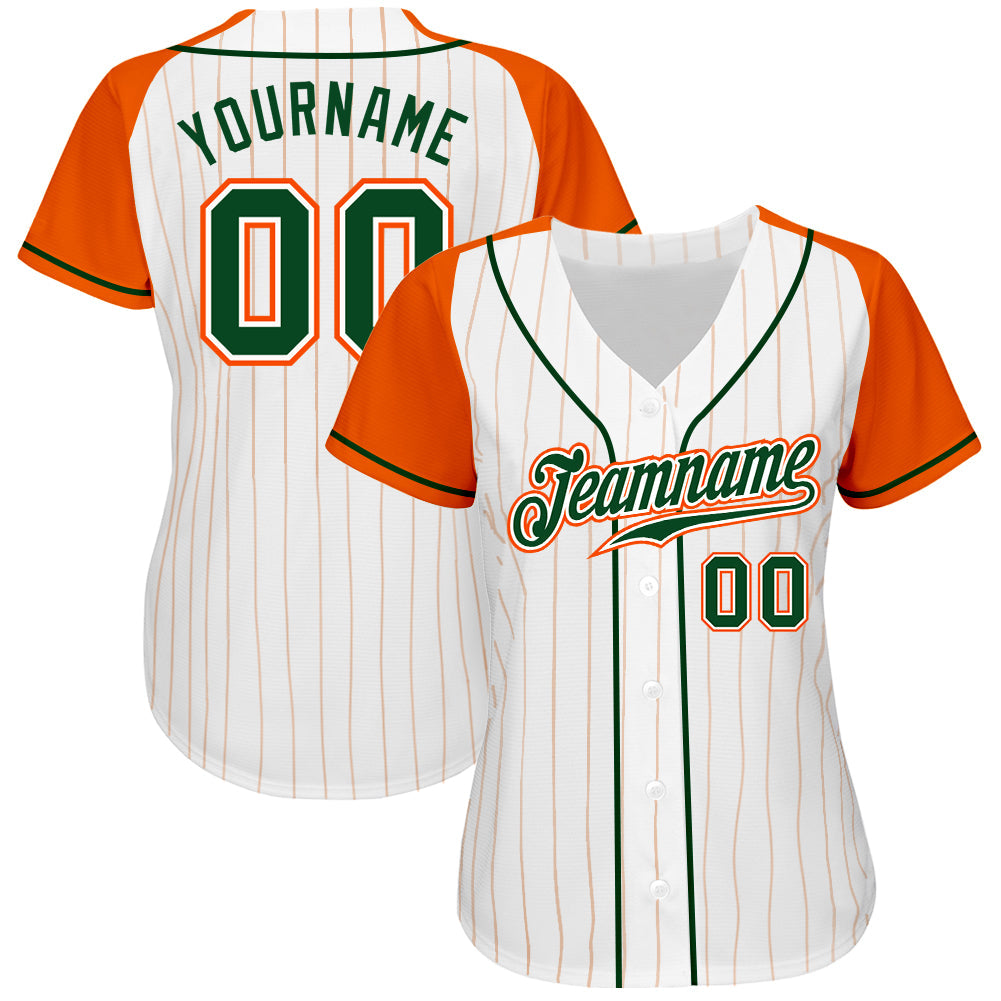 Custom White Orange Pinstripe Green-Orange Authentic Raglan Sleeves Baseball Jersey view 2