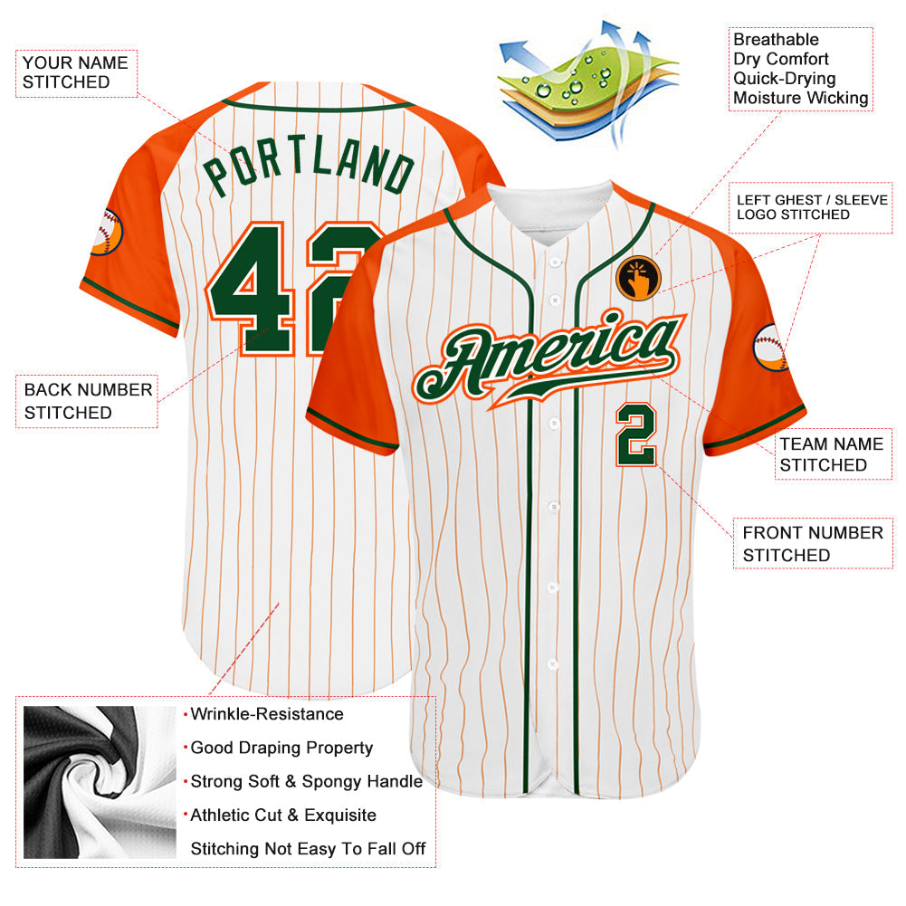 Custom White Orange Pinstripe Green-Orange Authentic Raglan Sleeves Baseball Jersey view 3
