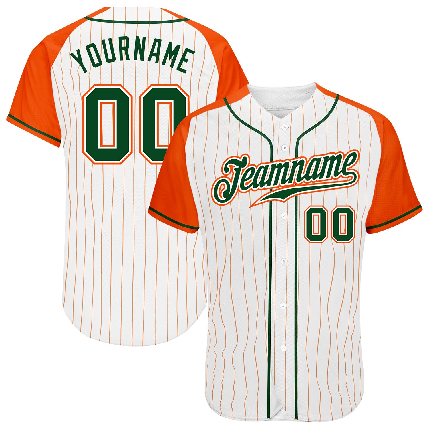 Custom White Orange Pinstripe Green-Orange Authentic Raglan Sleeves Baseball Jersey - Main View
