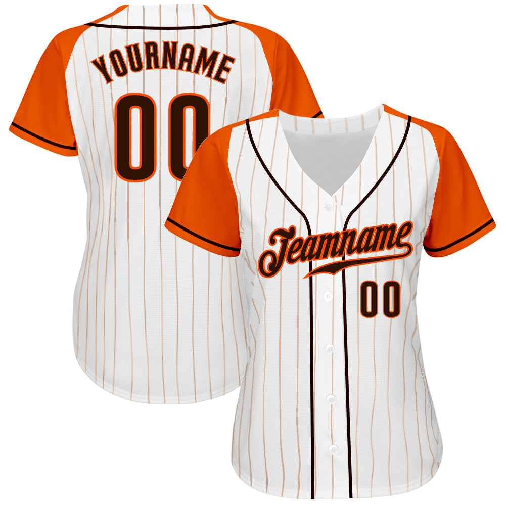 Custom White Orange Pinstripe Brown-Orange Authentic Raglan Sleeves Baseball Jersey view 2
