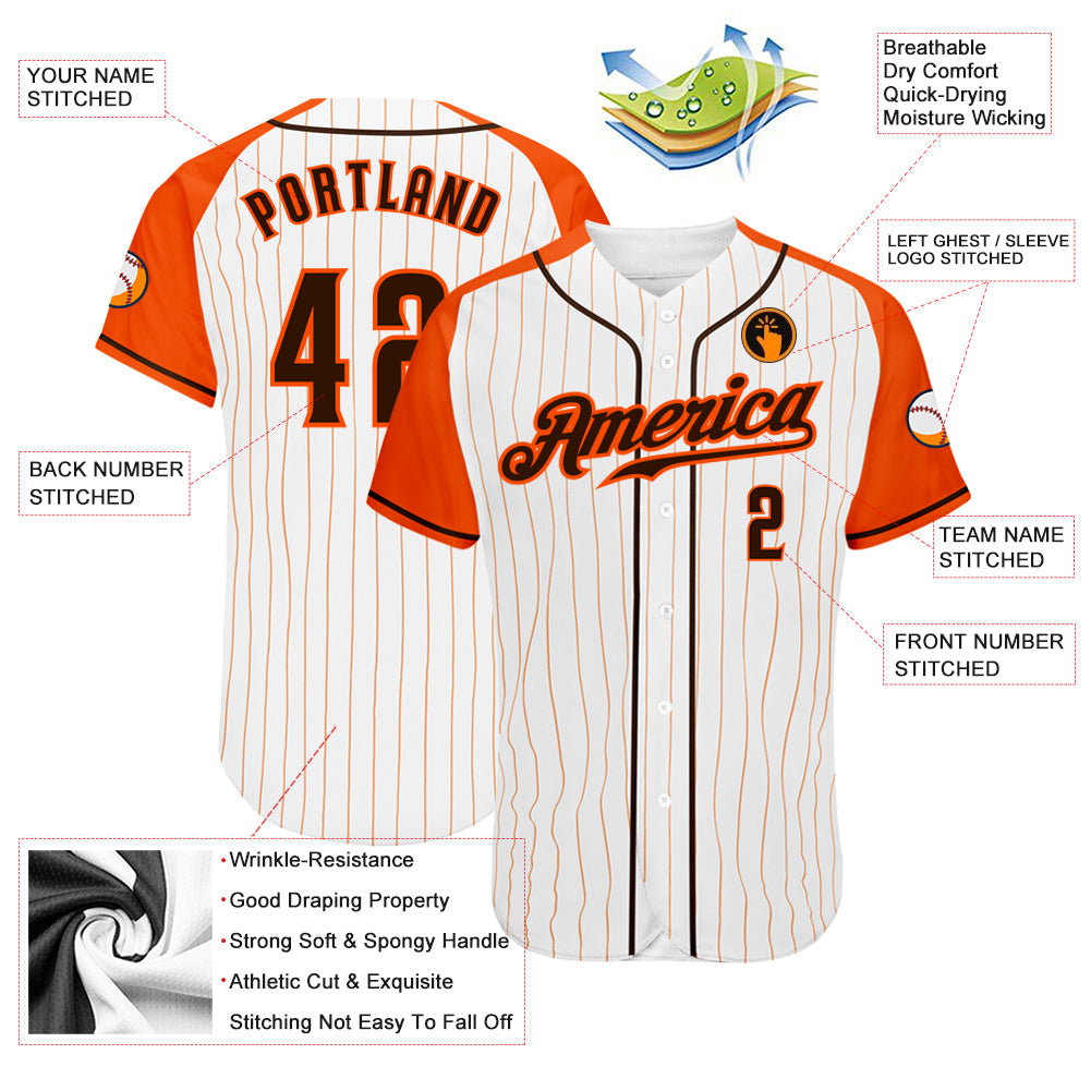 Custom White Orange Pinstripe Brown-Orange Authentic Raglan Sleeves Baseball Jersey view 3