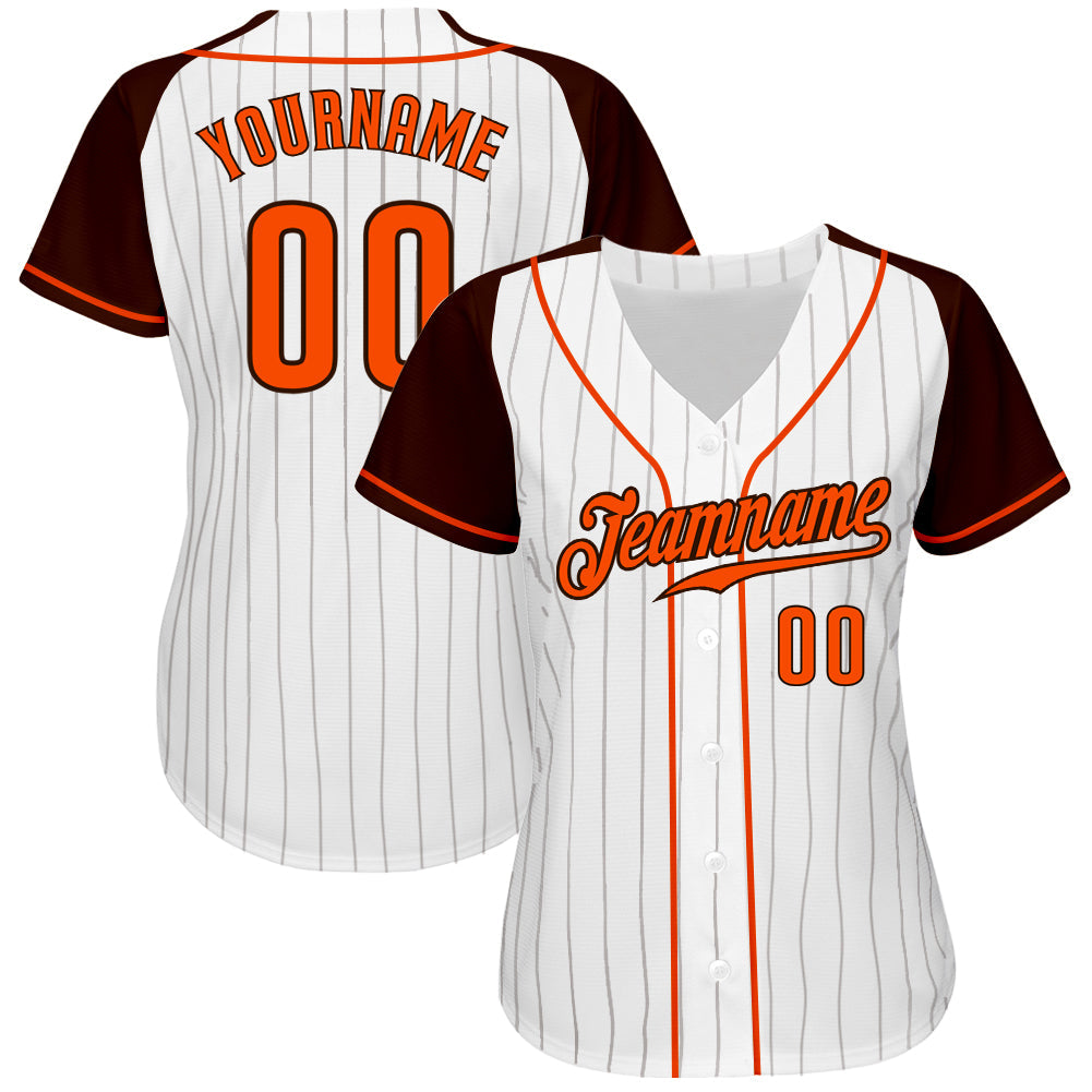 Custom White Brown Pinstripe Orange-Brown Authentic Raglan Sleeves Baseball Jersey view 2
