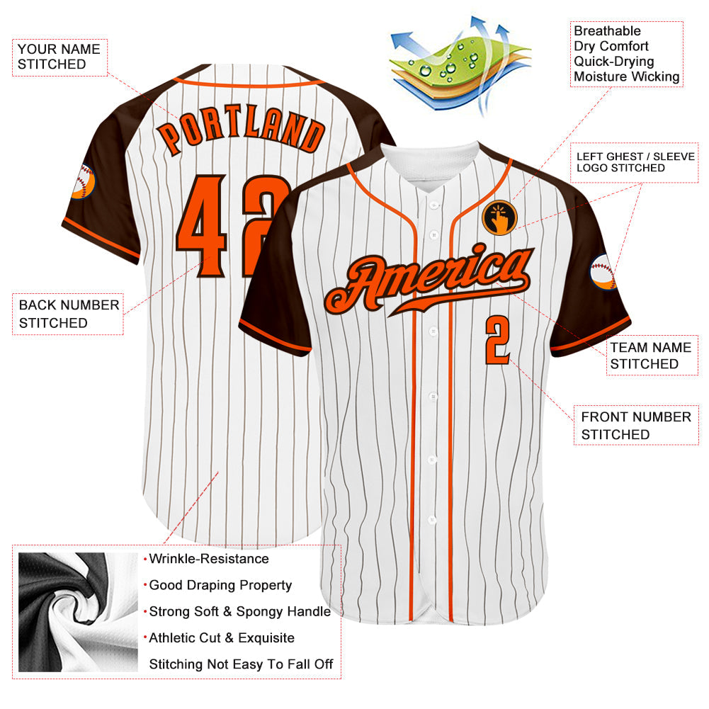 Custom White Brown Pinstripe Orange-Brown Authentic Raglan Sleeves Baseball Jersey view 3