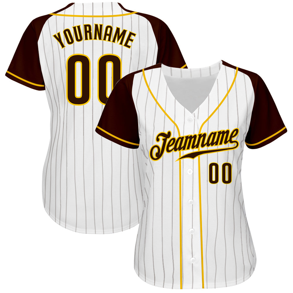 Custom White Brown Pinstripe Brown-Gold Authentic Raglan Sleeves Baseball Jersey view 2