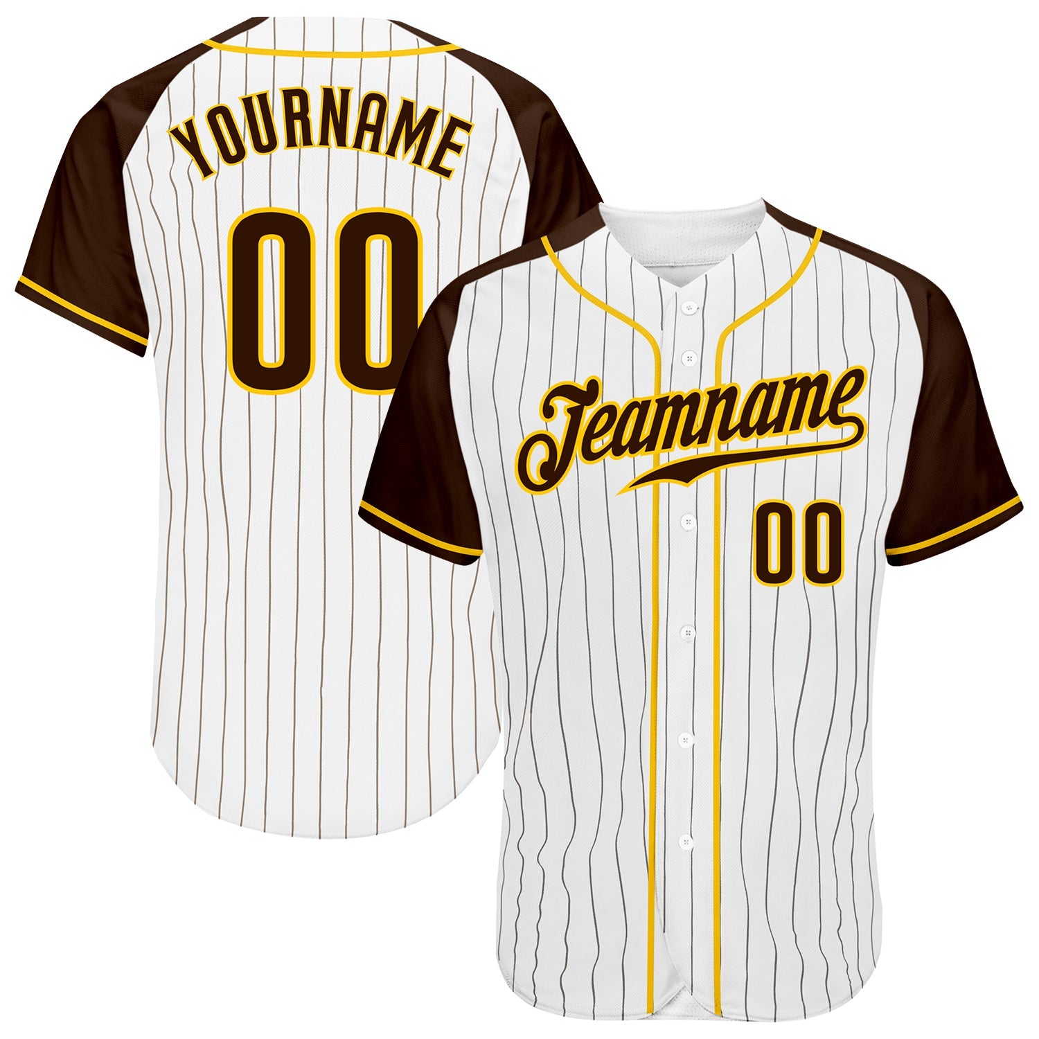 Custom White Brown Pinstripe Brown-Gold Authentic Raglan Sleeves Baseball Jersey - Main View
