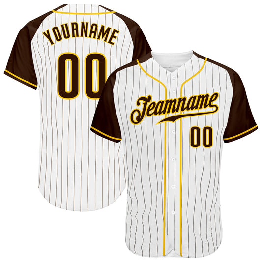 Custom White Brown Pinstripe Brown-Gold Authentic Raglan Sleeves Baseball Jersey - Main View