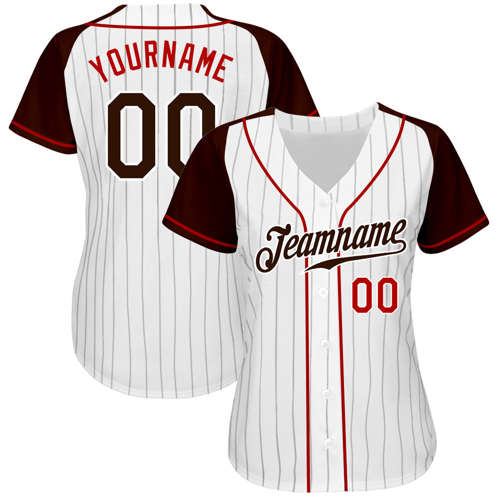 Custom White Brown Pinstripe Brown-Red Authentic Raglan Sleeves Baseball Jersey view 2