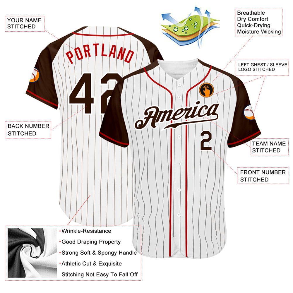 Custom White Brown Pinstripe Brown-Red Authentic Raglan Sleeves Baseball Jersey view 3