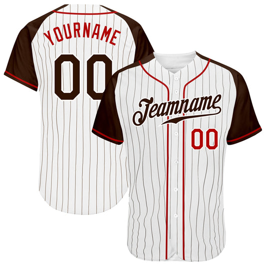 Custom White Brown Pinstripe Brown-Red Authentic Raglan Sleeves Baseball Jersey - Main View