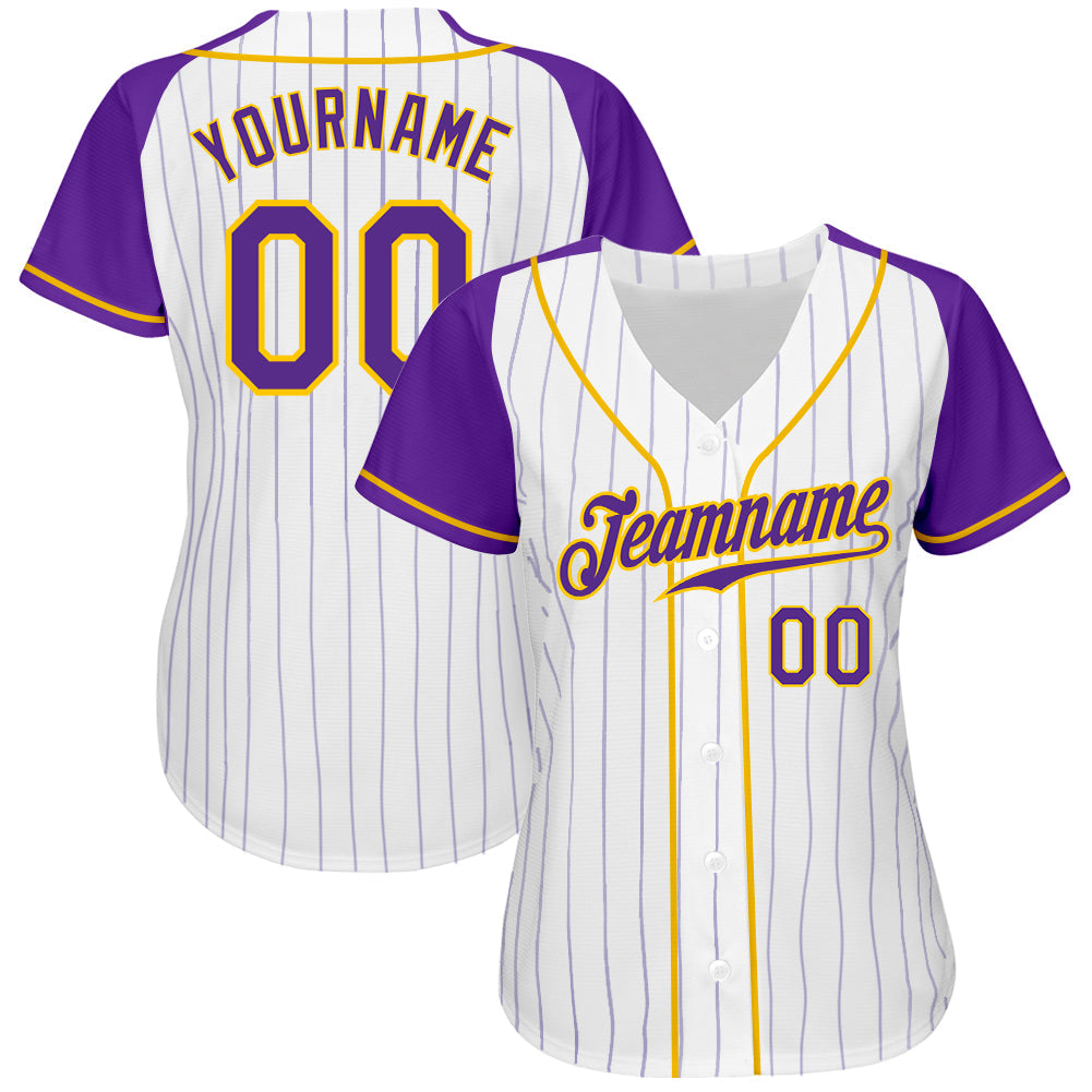 Custom White Purple Pinstripe Purple-Gold Authentic Raglan Sleeves Baseball Jersey view 2