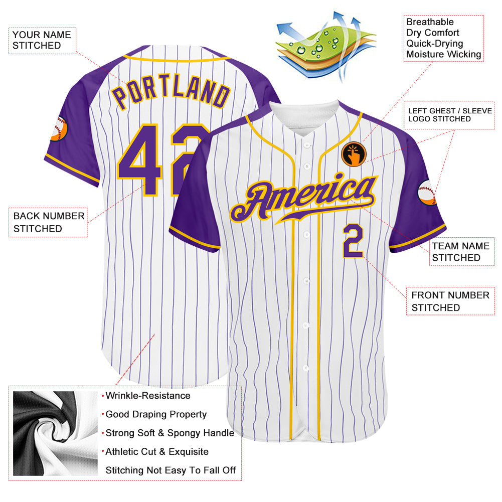 Custom White Purple Pinstripe Purple-Gold Authentic Raglan Sleeves Baseball Jersey view 3