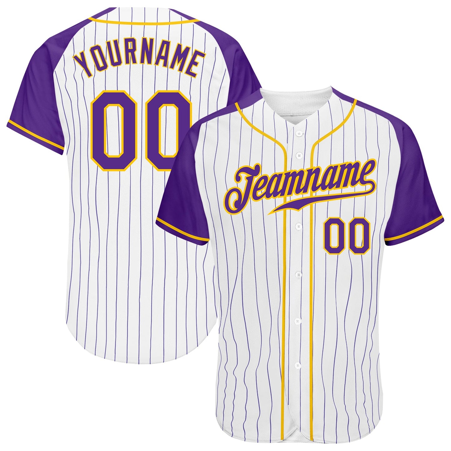 Custom White Purple Pinstripe Purple-Gold Authentic Raglan Sleeves Baseball Jersey - Main View