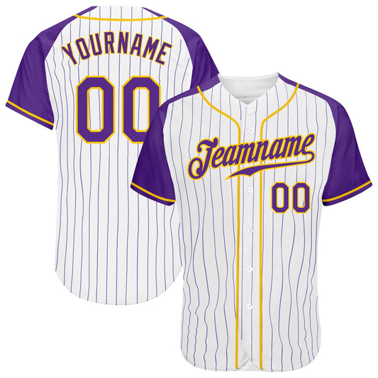 Custom White Purple Pinstripe Purple-Gold Authentic Raglan Sleeves Baseball Jersey - Main View