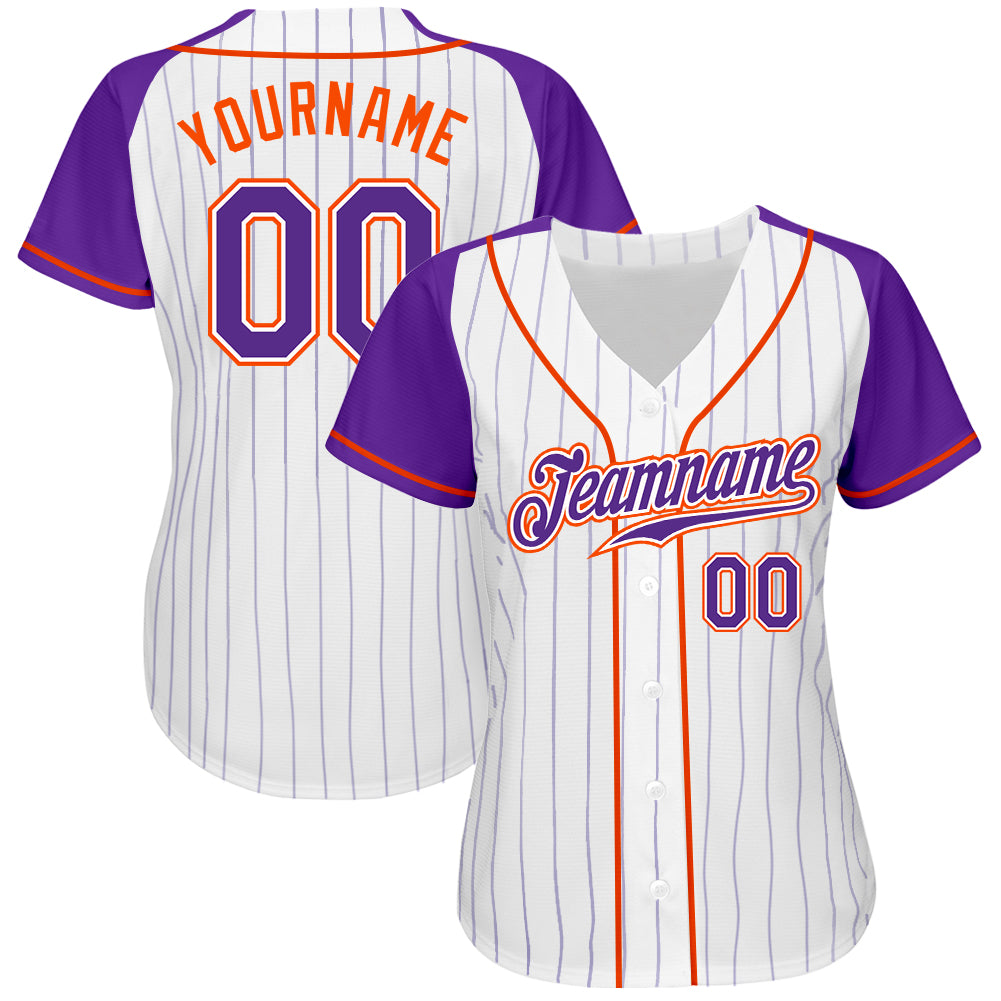 Custom White Purple Pinstripe Purple-Orange Authentic Raglan Sleeves Baseball Jersey view 2