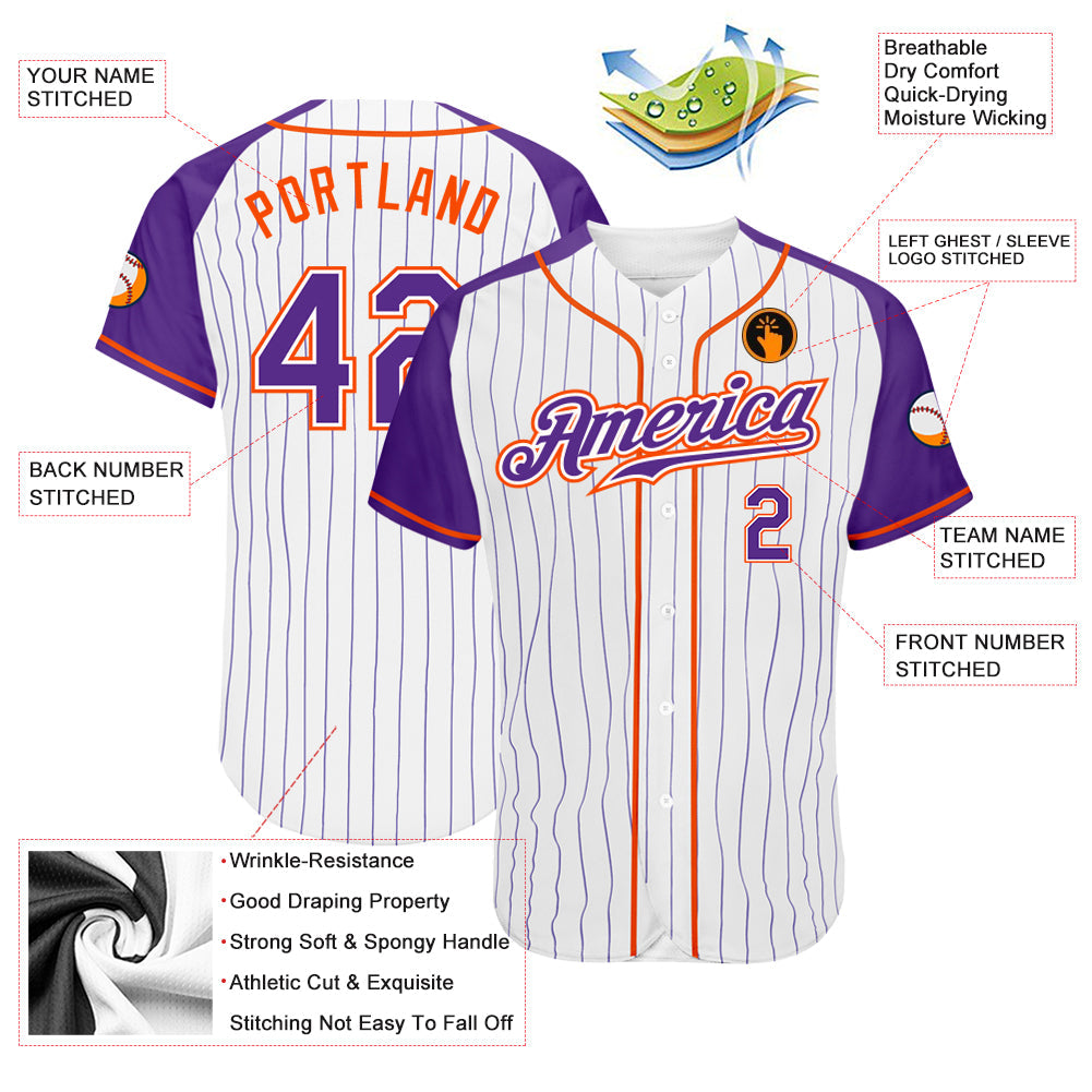 Custom White Purple Pinstripe Purple-Orange Authentic Raglan Sleeves Baseball Jersey view 3