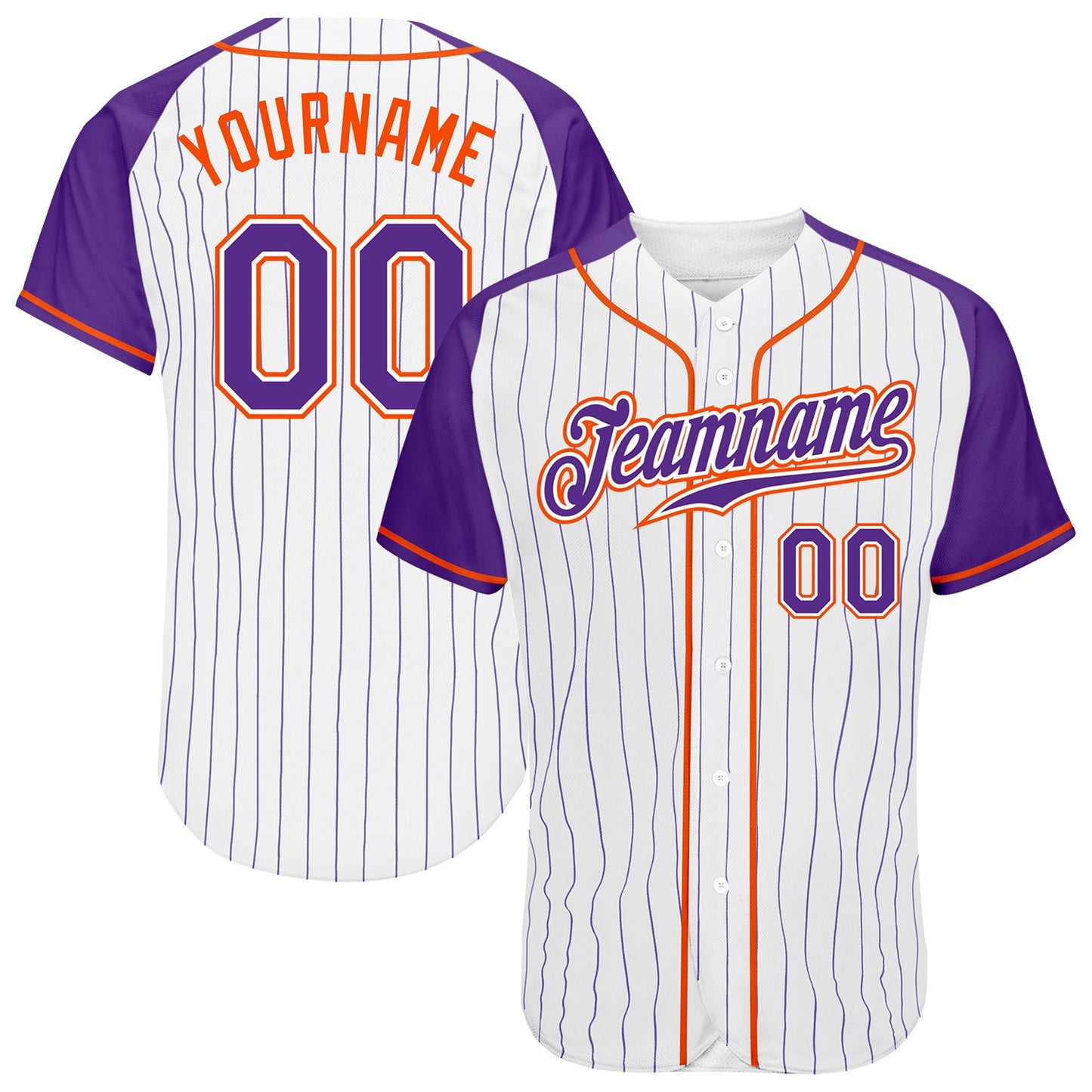 Custom White Purple Pinstripe Purple-Orange Authentic Raglan Sleeves Baseball Jersey - Main View