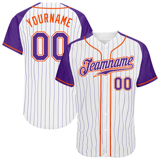 Custom White Purple Pinstripe Purple-Orange Authentic Raglan Sleeves Baseball Jersey - Main View