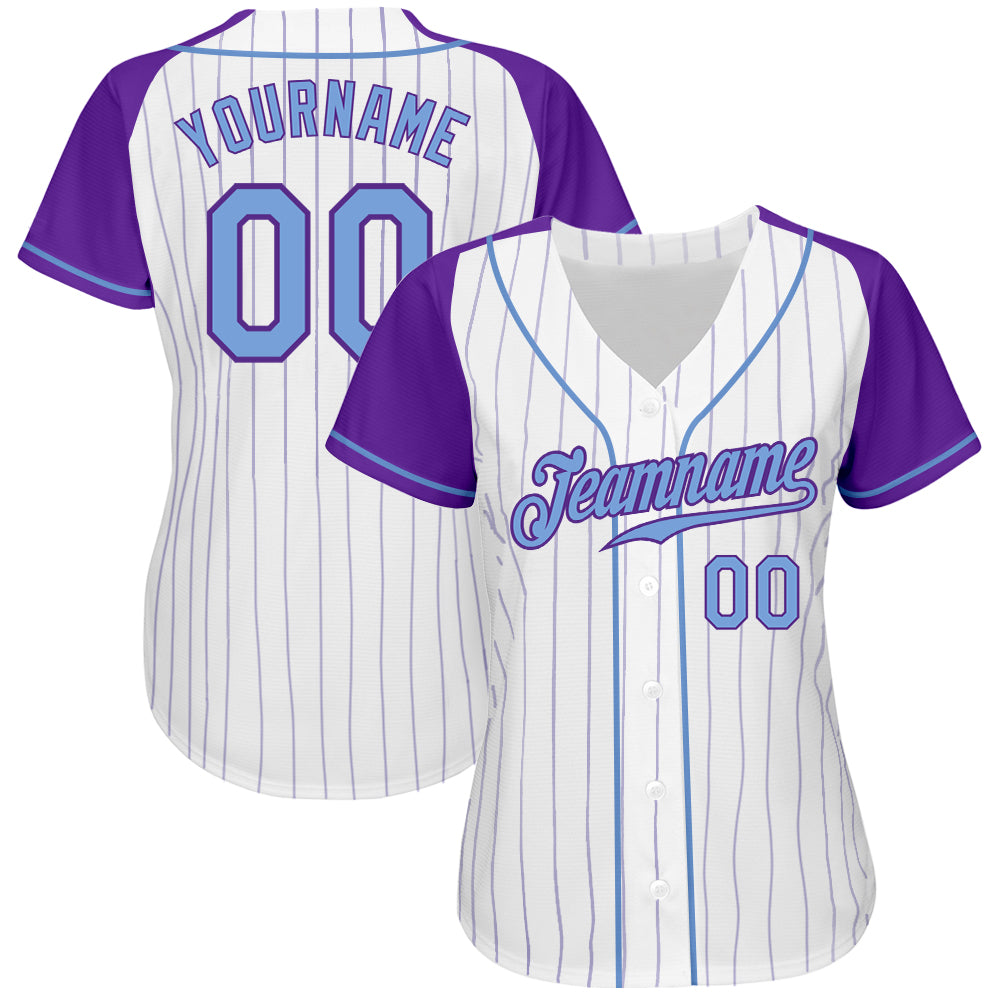 Custom White Purple Pinstripe Light Blue-Purple Authentic Raglan Sleeves Baseball Jersey view 2