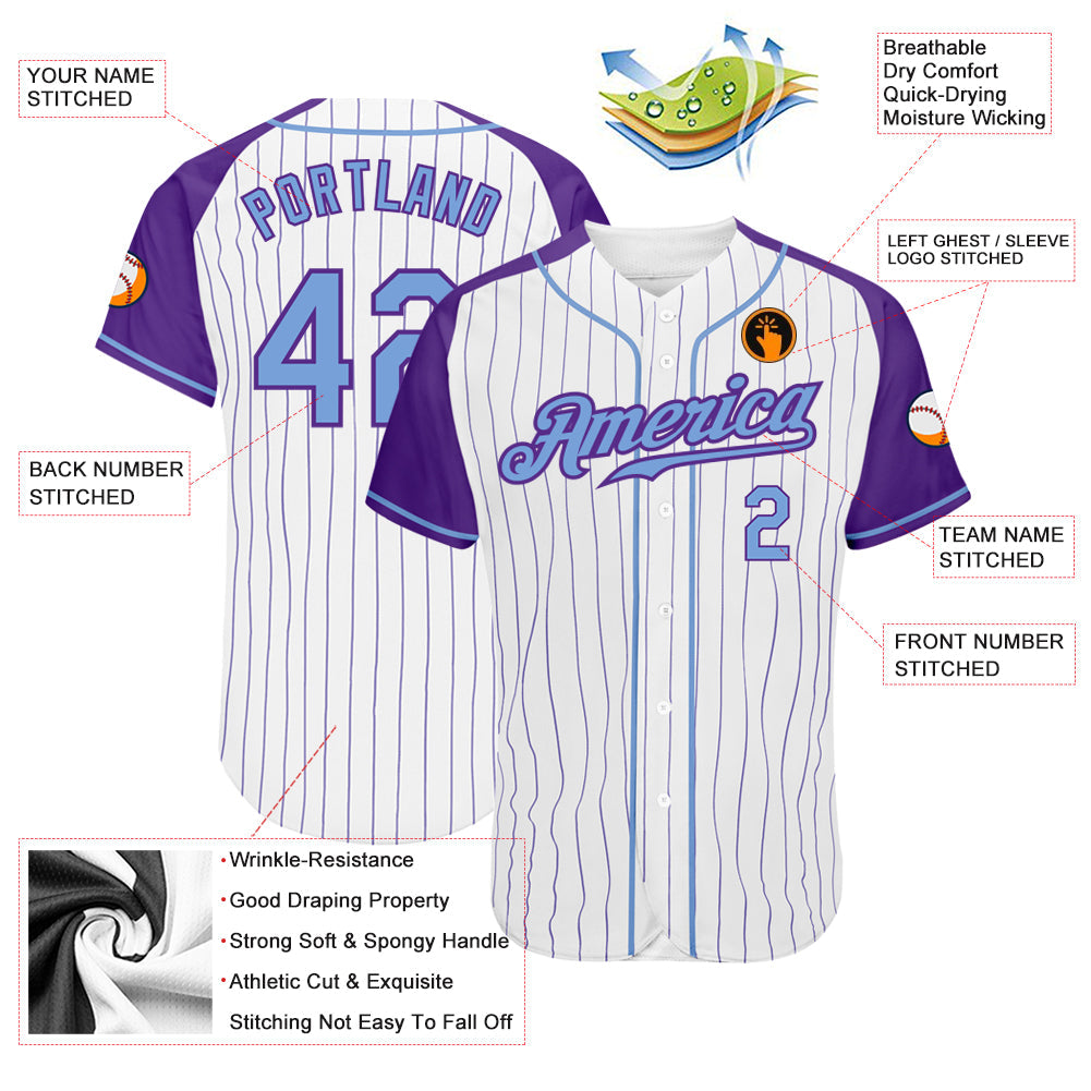 Custom White Purple Pinstripe Light Blue-Purple Authentic Raglan Sleeves Baseball Jersey view 3