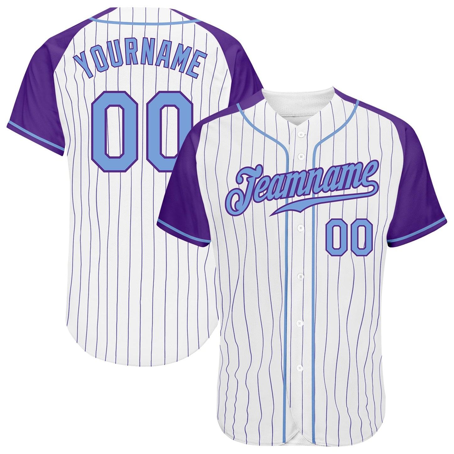 Custom White Purple Pinstripe Light Blue-Purple Authentic Raglan Sleeves Baseball Jersey - Main View