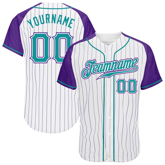 Custom White Purple Pinstripe Teal-Purple Authentic Raglan Sleeves Baseball Jersey - Main View