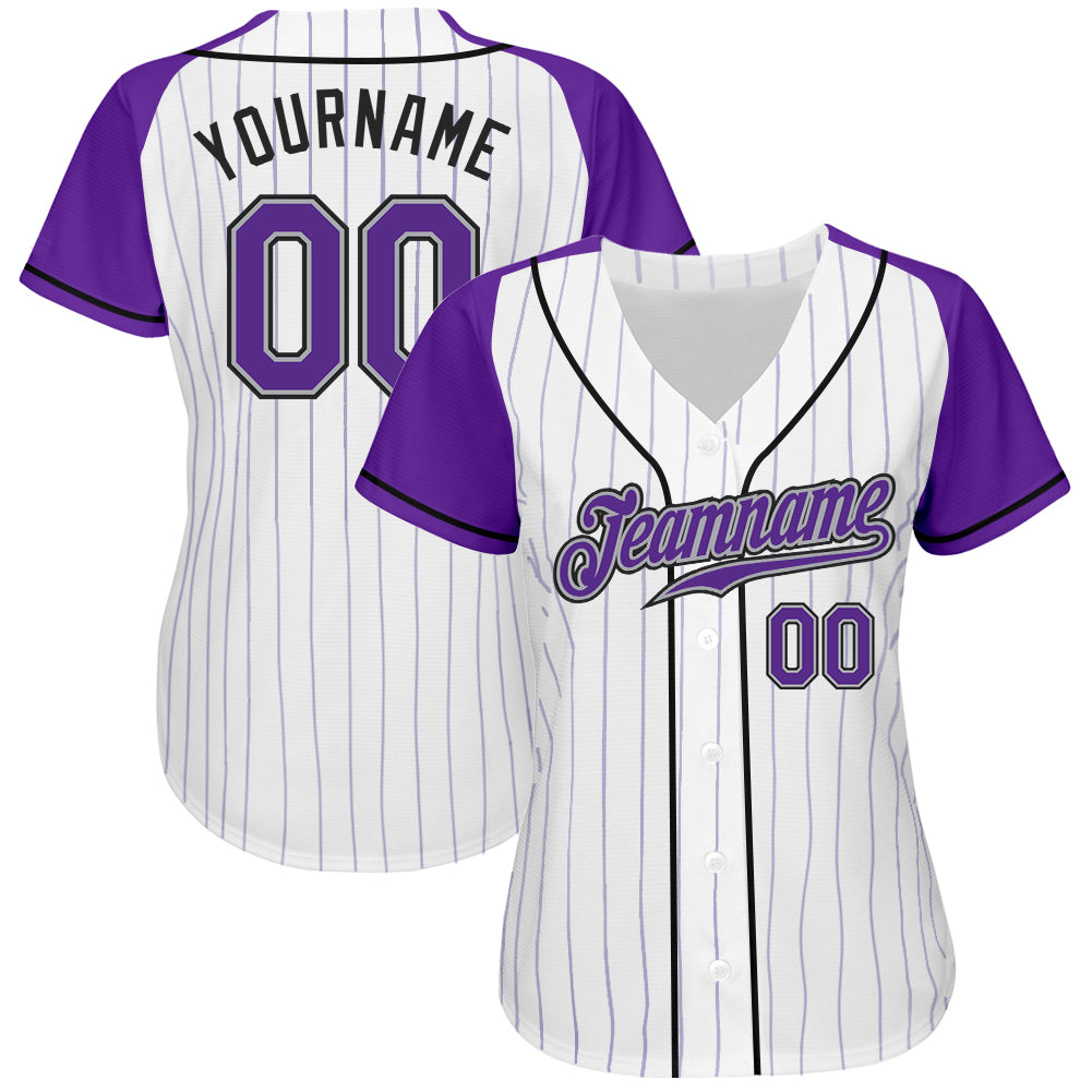 Custom White Purple Pinstripe Purple-Gray Authentic Raglan Sleeves Baseball Jersey view 2