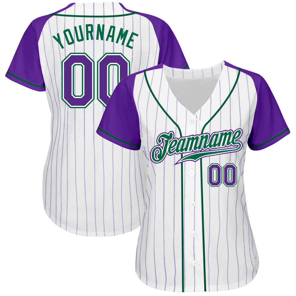 Custom White Purple Pinstripe Purple-Kelly Green Authentic Raglan Sleeves Baseball Jersey view 2