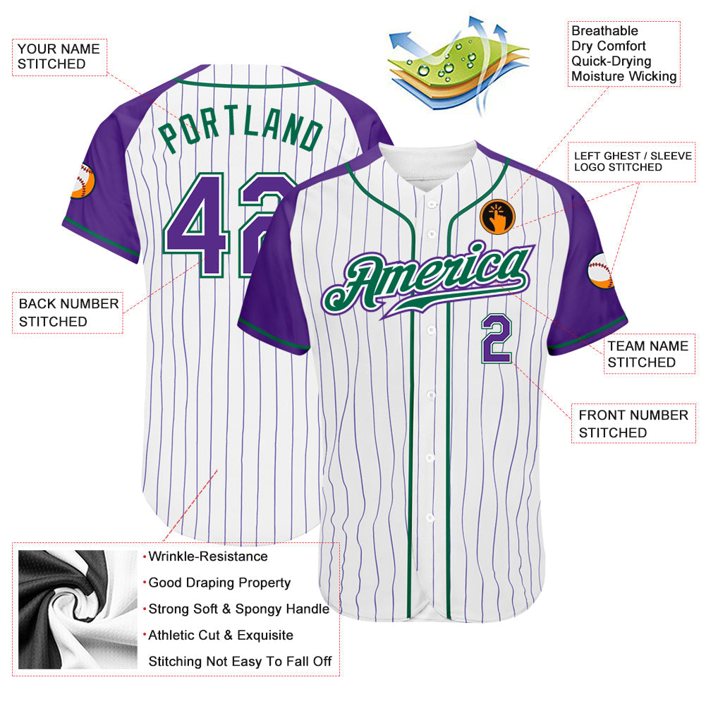 Custom White Purple Pinstripe Purple-Kelly Green Authentic Raglan Sleeves Baseball Jersey view 3