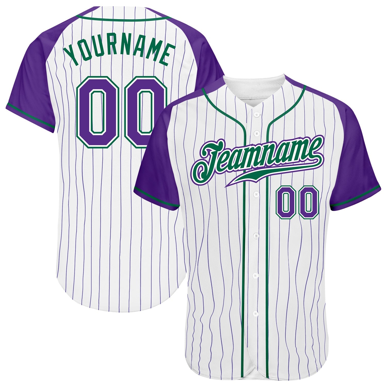 Custom White Purple Pinstripe Purple-Kelly Green Authentic Raglan Sleeves Baseball Jersey - Main View