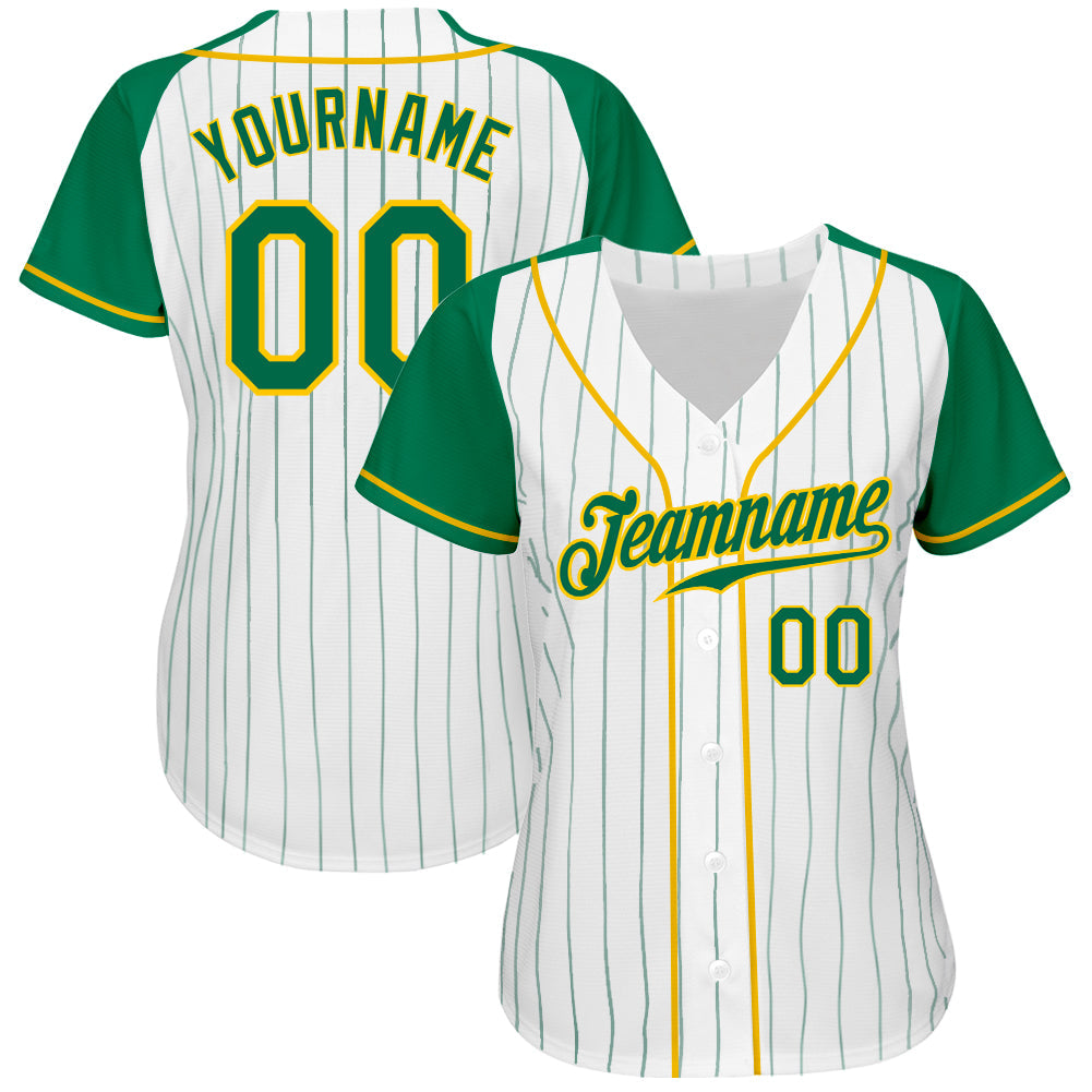 Custom White Kelly Green Pinstripe Kelly Green-Gold Authentic Raglan Sleeves Baseball Jersey view 3