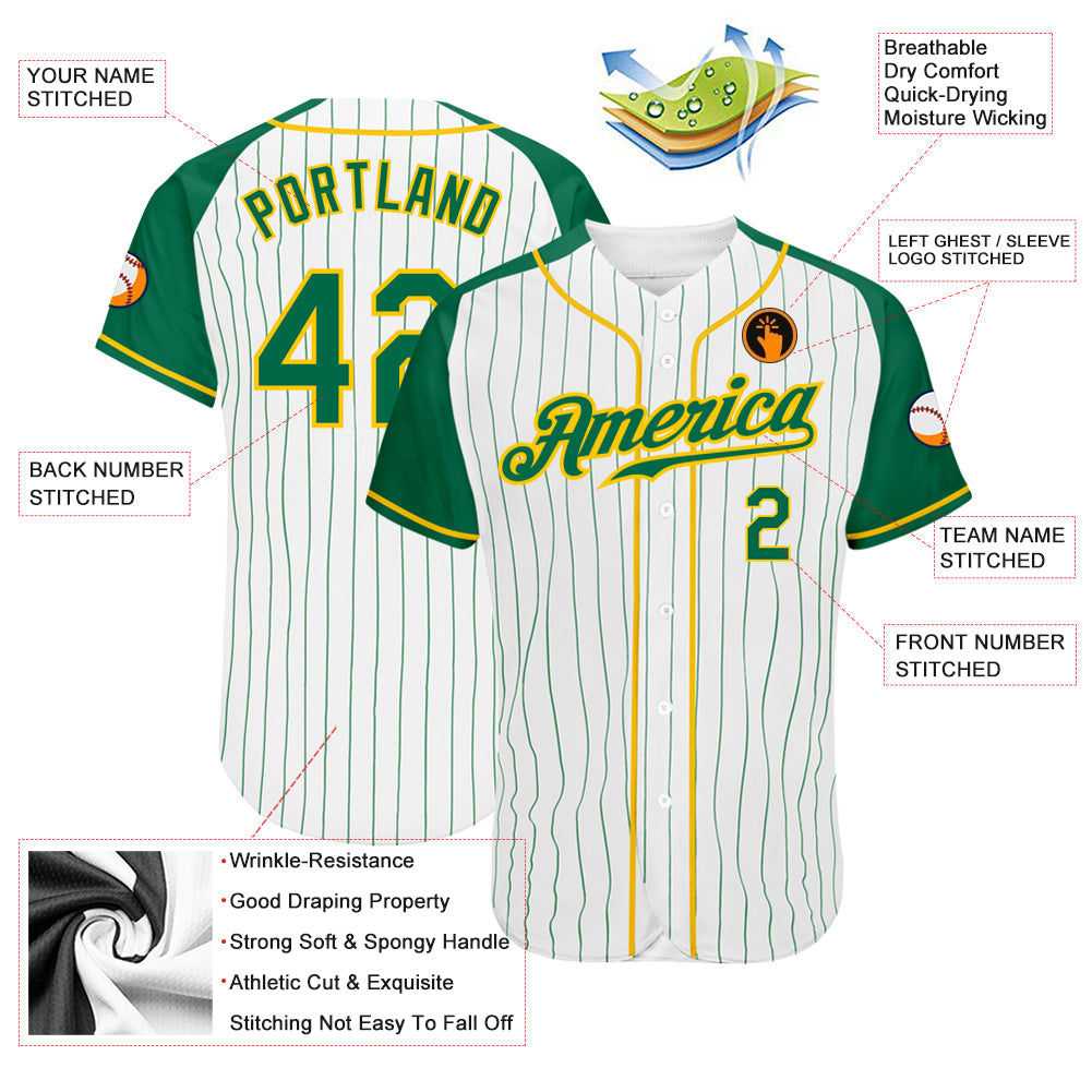 Custom White Kelly Green Pinstripe Kelly Green-Gold Authentic Raglan Sleeves Baseball Jersey view 4