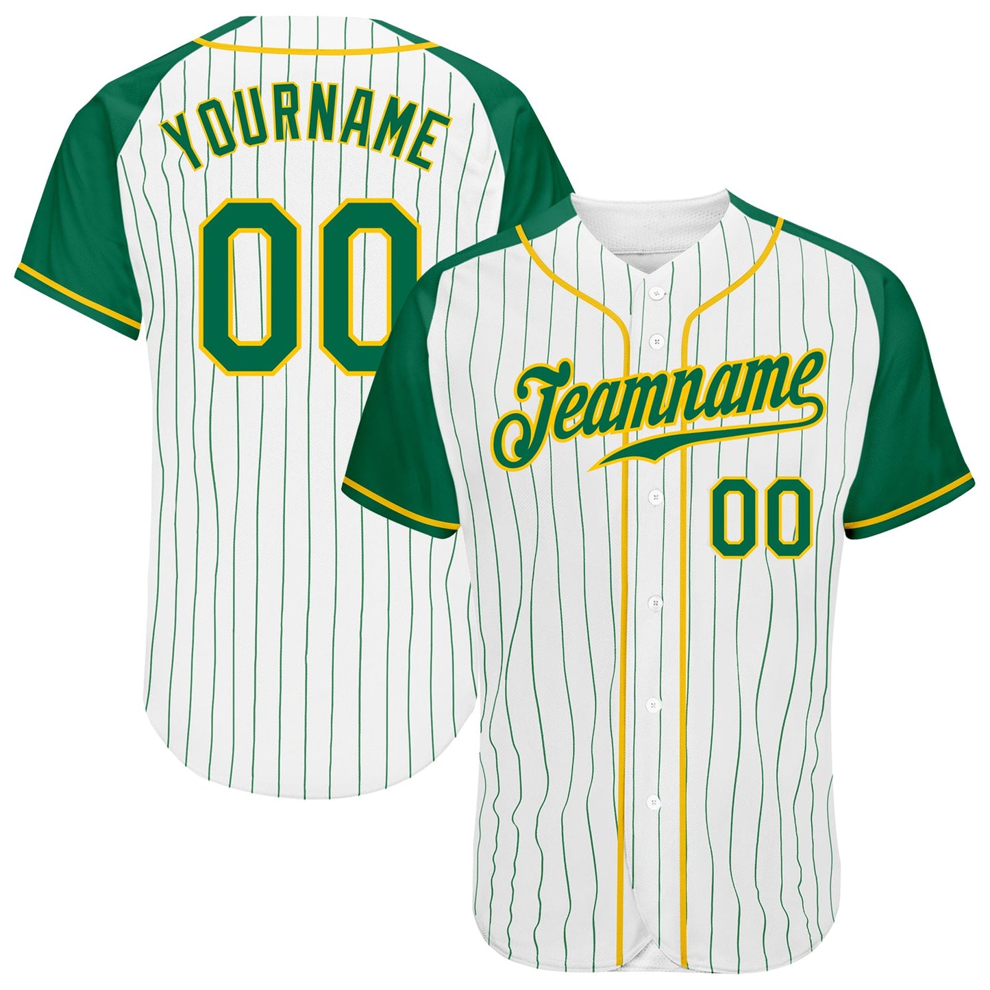 Custom White Kelly Green Pinstripe Kelly Green-Gold Authentic Raglan Sleeves Baseball Jersey - Main View