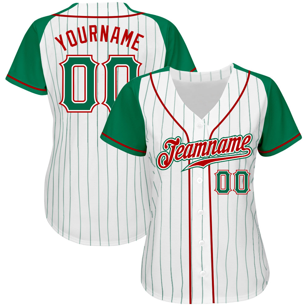 Custom White Kelly Green Pinstripe Kelly Green-Red Authentic Raglan Sleeves Baseball Jersey view 2