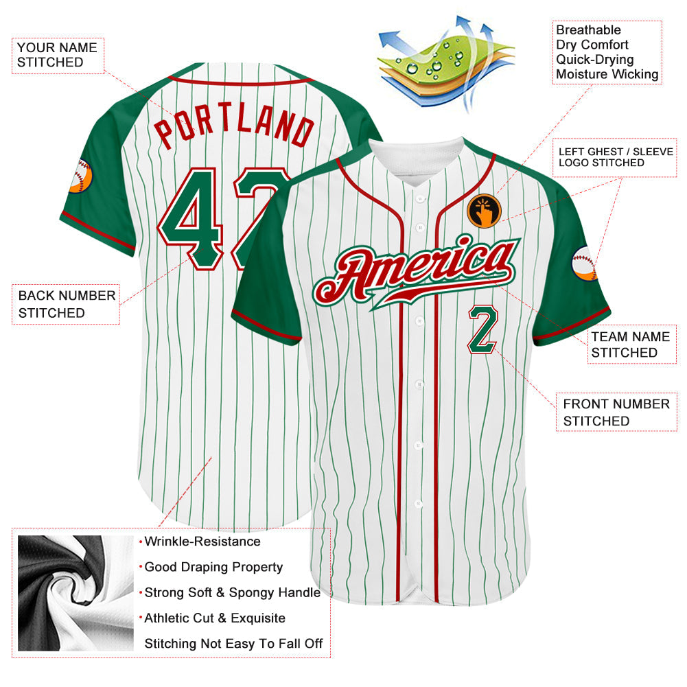 Custom White Kelly Green Pinstripe Kelly Green-Red Authentic Raglan Sleeves Baseball Jersey view 3