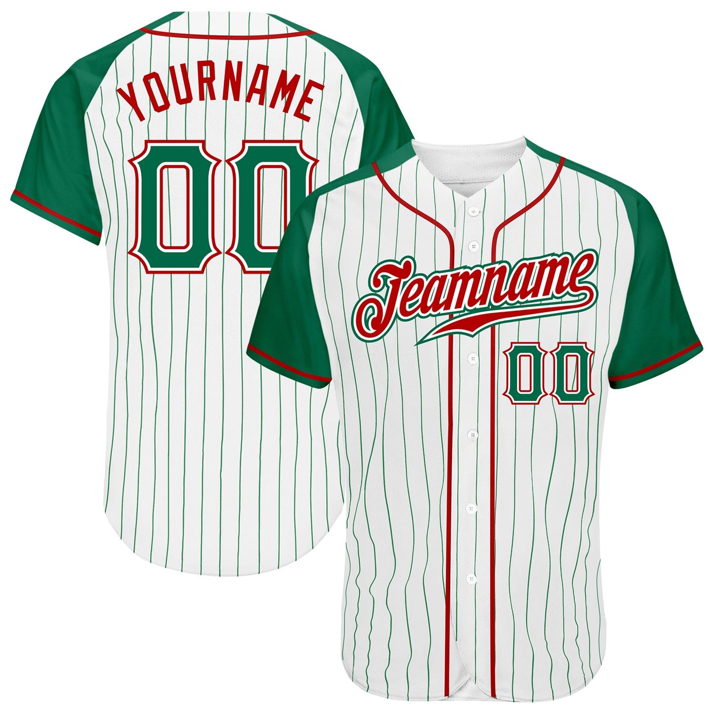 Custom White Kelly Green Pinstripe Kelly Green-Red Authentic Raglan Sleeves Baseball Jersey - Main View