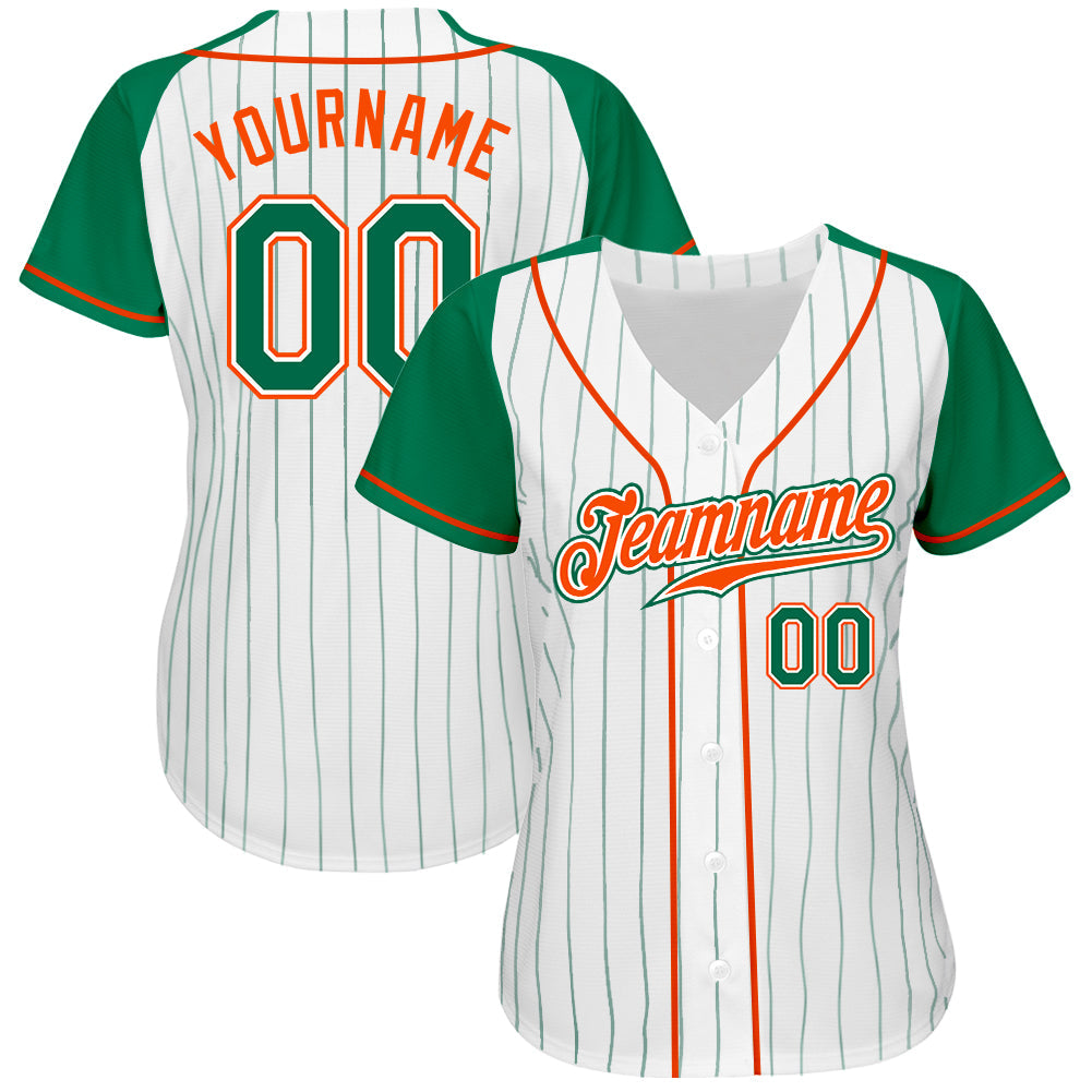 Custom White Kelly Green Pinstripe Kelly Green-Orange Authentic Raglan Sleeves Baseball Jersey view 2