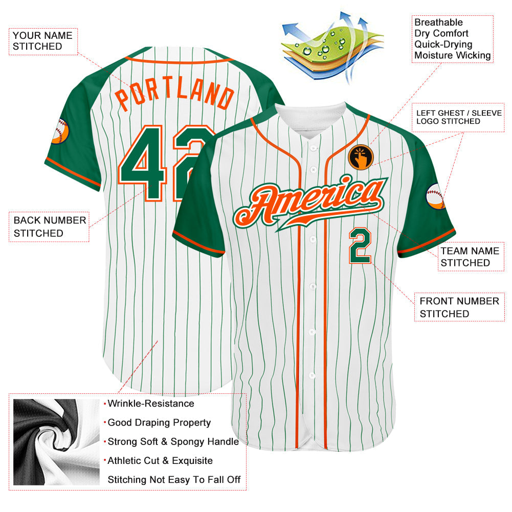 Custom White Kelly Green Pinstripe Kelly Green-Orange Authentic Raglan Sleeves Baseball Jersey view 3