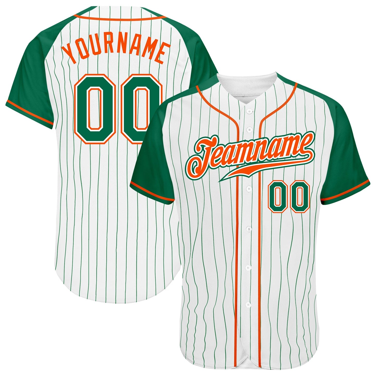 Custom White Kelly Green Pinstripe Kelly Green-Orange Authentic Raglan Sleeves Baseball Jersey - Main View