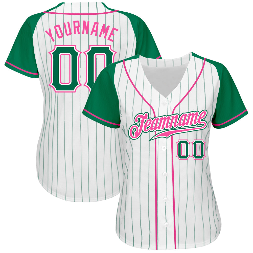 Custom White Kelly Green Pinstripe Kelly Green-Pink Authentic Raglan Sleeves Baseball Jersey view 2