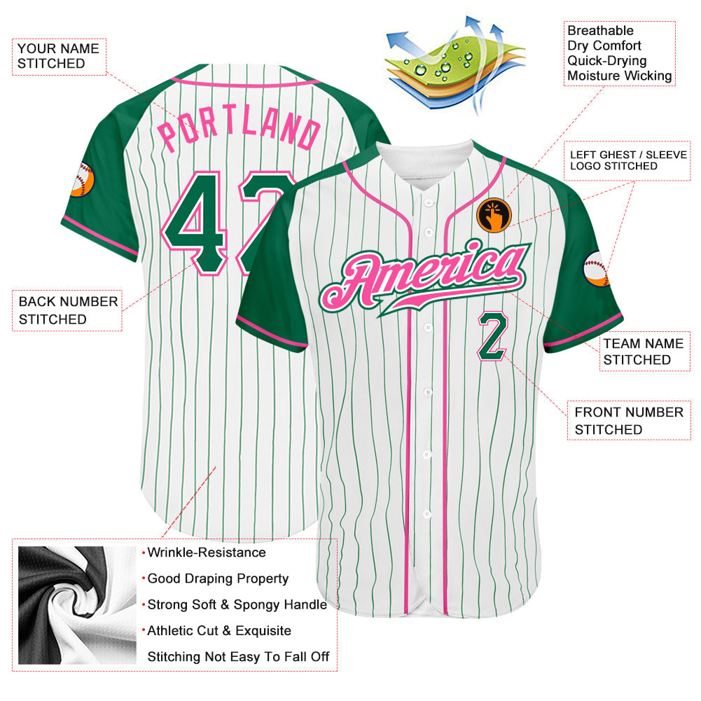 Custom White Kelly Green Pinstripe Kelly Green-Pink Authentic Raglan Sleeves Baseball Jersey view 3