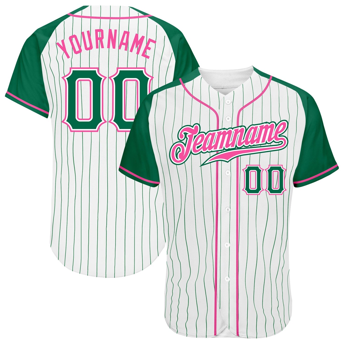 Custom White Kelly Green Pinstripe Kelly Green-Pink Authentic Raglan Sleeves Baseball Jersey - Main View