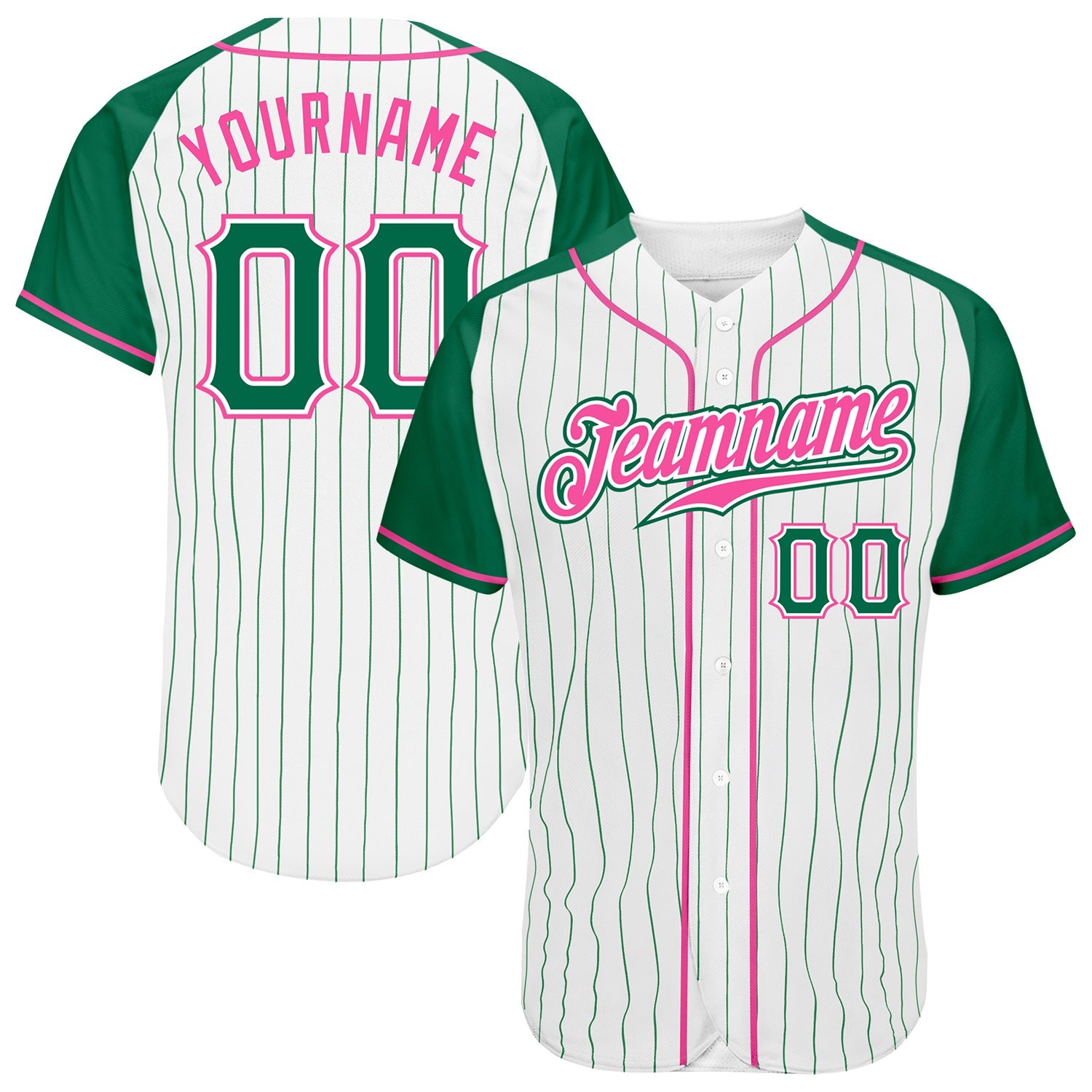 Custom White Kelly Green Pinstripe Kelly Green-Pink Authentic Raglan Sleeves Baseball Jersey - Main View