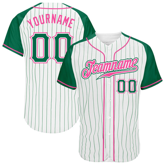 Custom White Kelly Green Pinstripe Kelly Green-Pink Authentic Raglan Sleeves Baseball Jersey - Main View