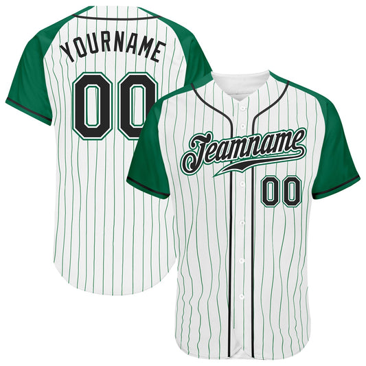 Custom White Kelly Green Pinstripe Black-Kelly Green Authentic Raglan Sleeves Baseball Jersey - Main View