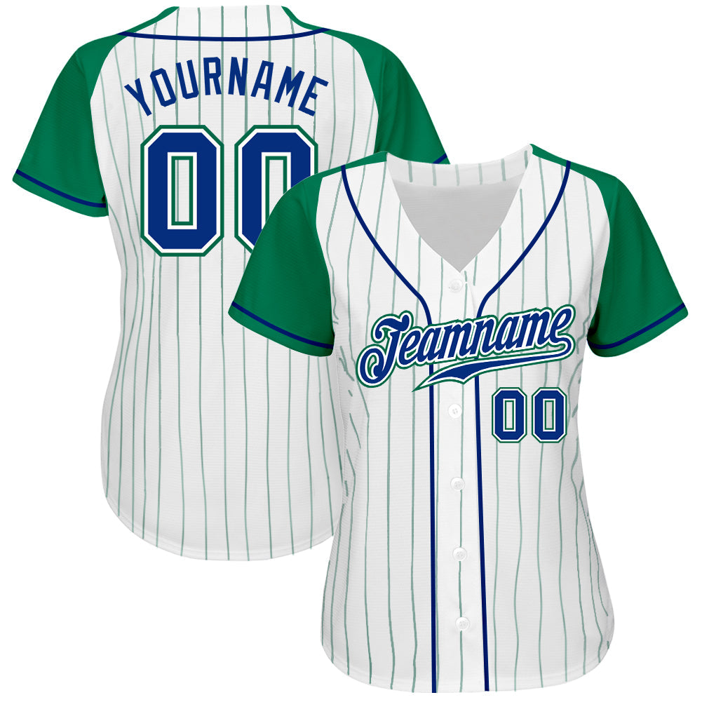 Custom White Kelly Green Pinstripe Royal-Kelly Green Authentic Raglan Sleeves Baseball Jersey view 2