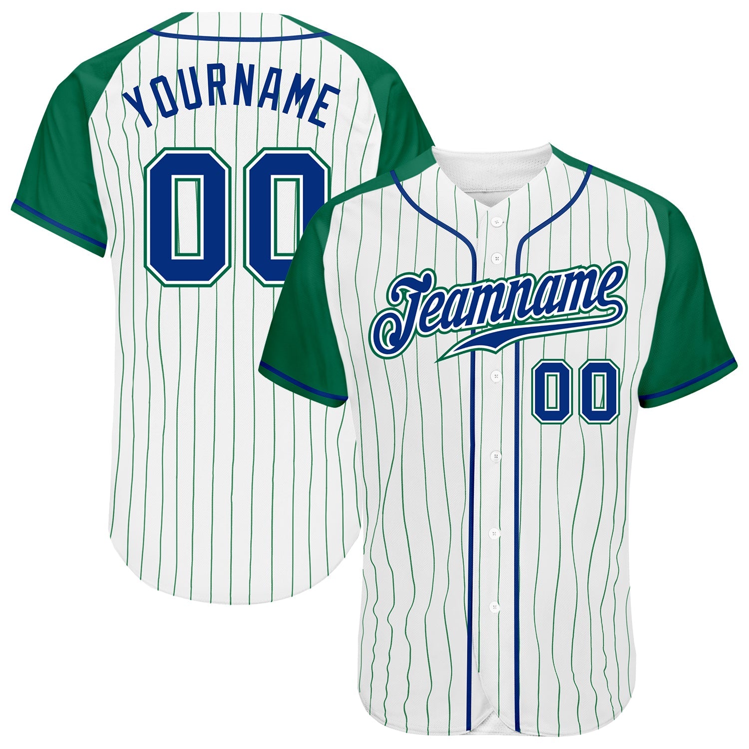 Custom White Kelly Green Pinstripe Royal-Kelly Green Authentic Raglan Sleeves Baseball Jersey - Main View