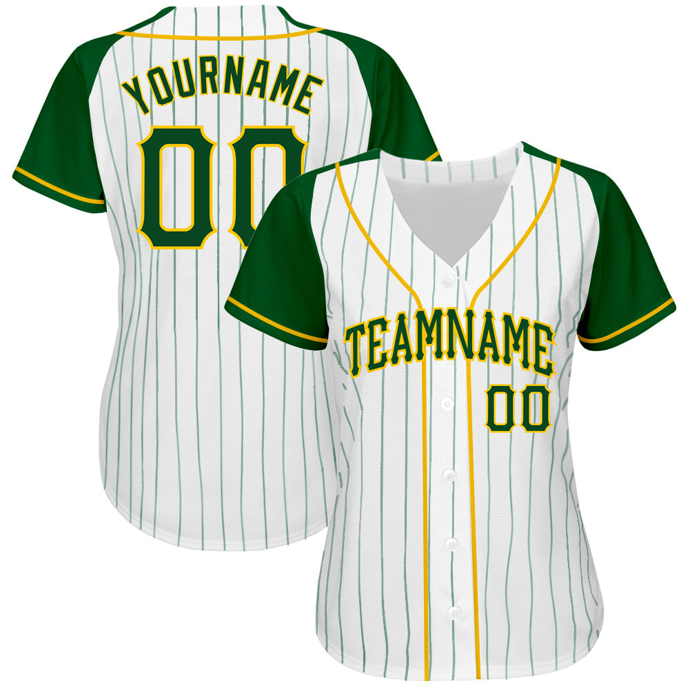 Custom White Green Pinstripe Green-Gold Authentic Raglan Sleeves Baseball Jersey view 2