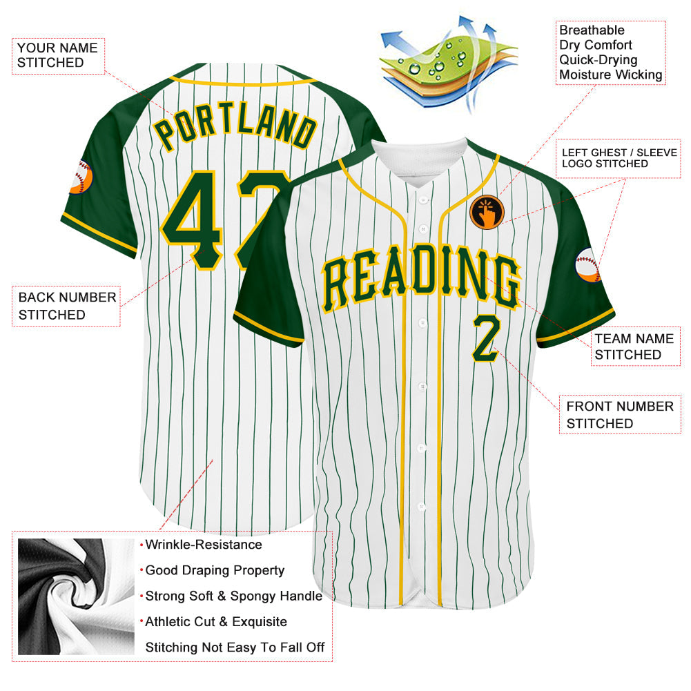 Custom White Green Pinstripe Green-Gold Authentic Raglan Sleeves Baseball Jersey view 3