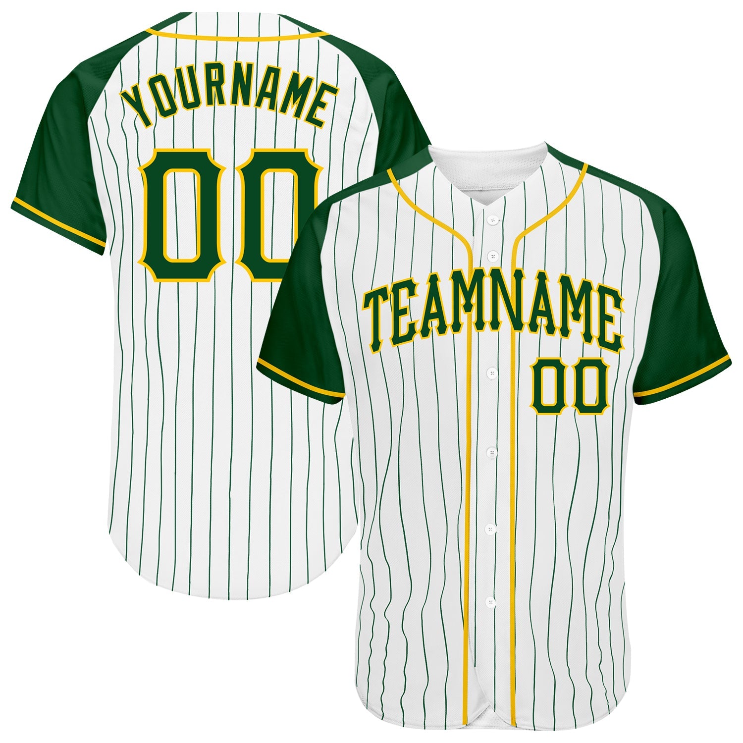 Custom White Green Pinstripe Green-Gold Authentic Raglan Sleeves Baseball Jersey - Main View