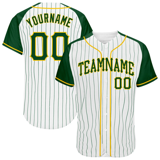 Custom White Green Pinstripe Green-Gold Authentic Raglan Sleeves Baseball Jersey - Main View
